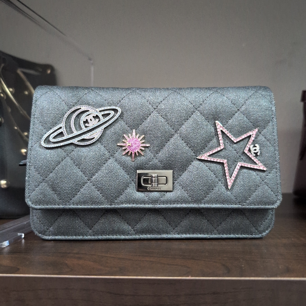 CHANEL Space Charms Metallic Canvas Fabric Reissue 2.55 Rare WOC